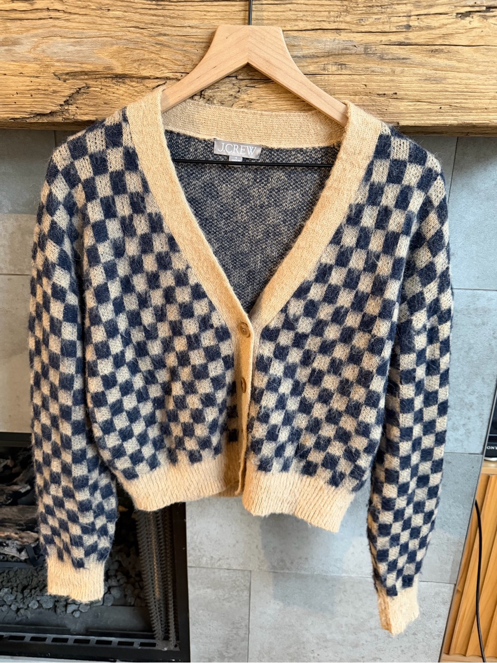 J. Crew navy & tan checkered V‑Neck button cardigan
